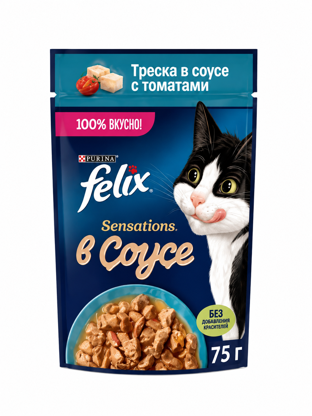 پوچ فلیکس گربه بالغ طعم ماهی کاد و سس گوجه